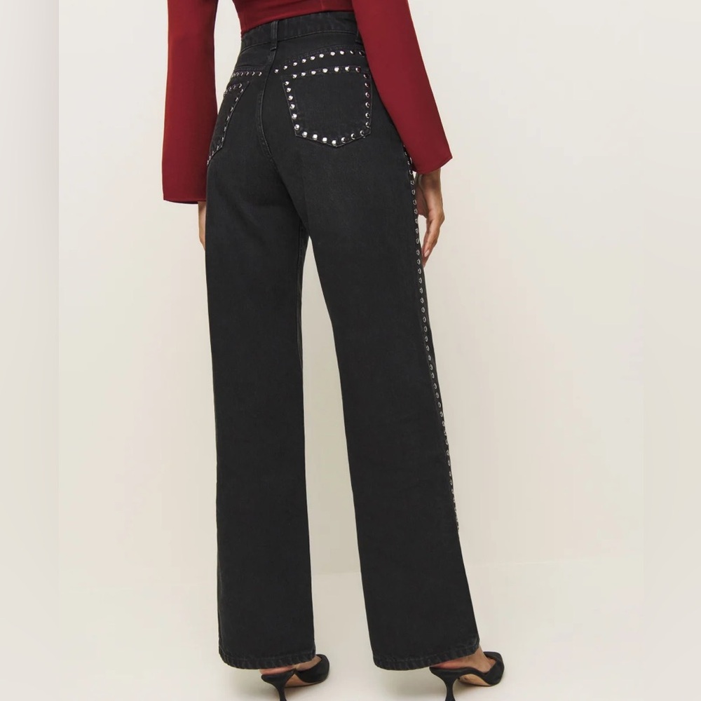 Reformation Black Stud-Trim Wide-Leg Jeans - Picture 3 of 14